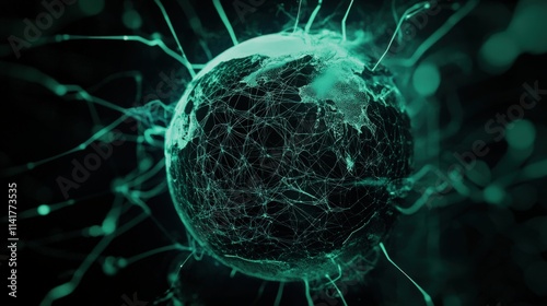 Abstract digital representation of a globe interconnected with glowing lines, showcasing technology and global connectivity in a futuristic style with vibrant green hues photo