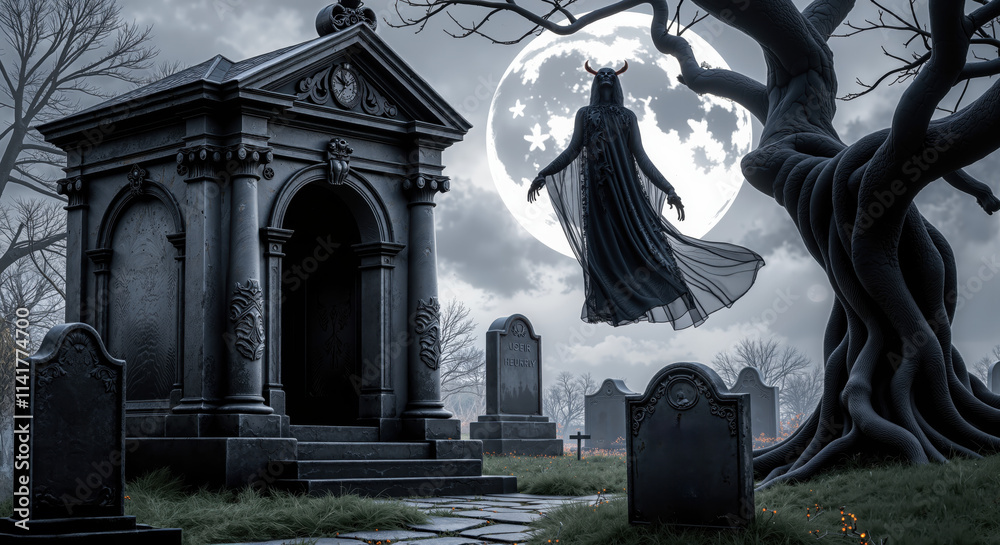 Eerie Haunted Cemetery Illustration with Floating Ghostly Figure under Full Moon in Spooky Gothic Setting, Perfect for Halloween Themes and Horror Design. Eerie Haunted Cemetery Illustration with Floating Ghostly Figure under Full Moon in Spooky Gothic Setting, Perfect for Halloween Themes and Horror Design.