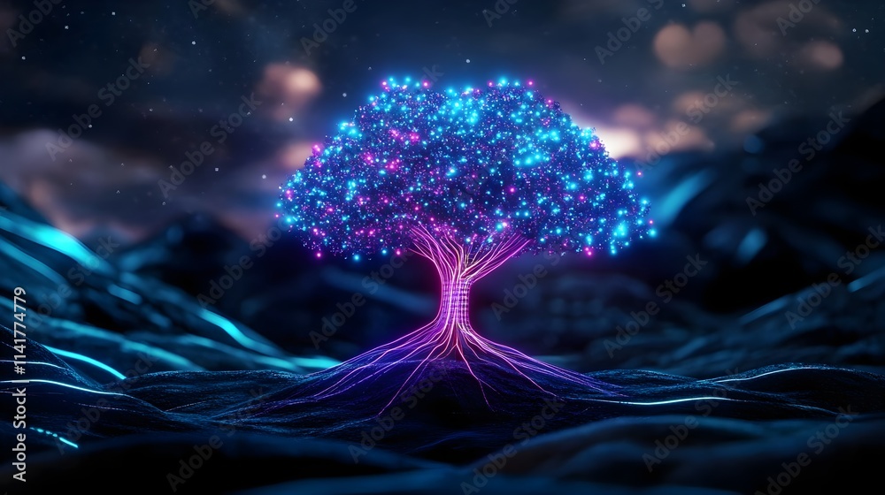 Naklejka premium glowing nebula tree, digital art, sci-fi - abstract art