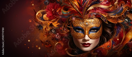 A woman in a masquerade mask with colorful feathers and flowers photo