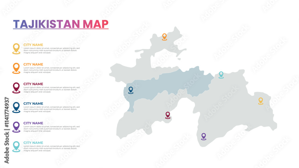 Naklejka premium Tajikistan Modern Map Infographic Template, Detailed infographic map of Tajikistan Popular City