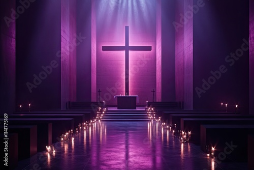 Empty modern church interior, lit by purple light, with a large cross, altar and candles.
