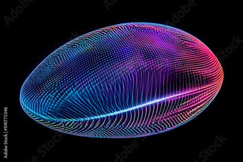 Abstract glowing ellipsoid with vibrant, multicolored lines on a black background.