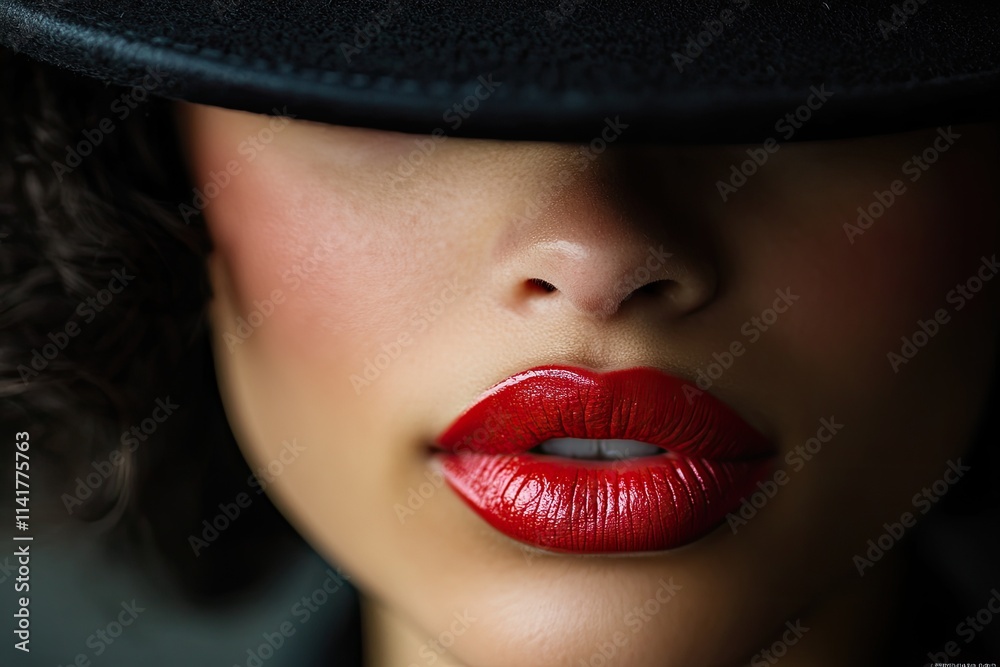a beautiful woman with Black hat, red lipstick a beautiful woman with Black hat, red lipstick