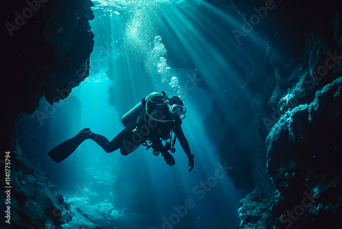 Wallpaper Mural Beautiful diver goes on an underwater adventure in frighteningly deep sea Torontodigital.ca