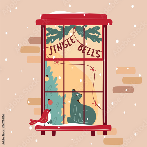 Christmas window: cat sitting at windowsill and looking at bird outside; window decorated with lights and garland Jingle Bells; Christmas tree inside. Snowfall, warm Christmas atmosphere. Cozy winter