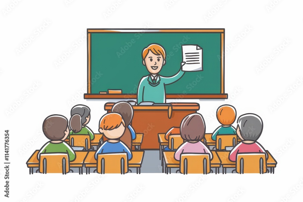 Teacher Presenting Document To Attentive Students In Classroom Teacher Presenting Document To Attentive Students In Classroom