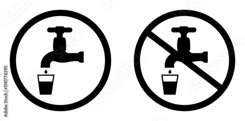 Drinking and non-drinking water icon set. Drinking water and not-drinking water point tap icon flat web sign symbol. No water sign symbol. Potable and non-potable sign. Safe and unsafe.
