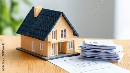 Model house with paperwork representing real estate and financial transactions.