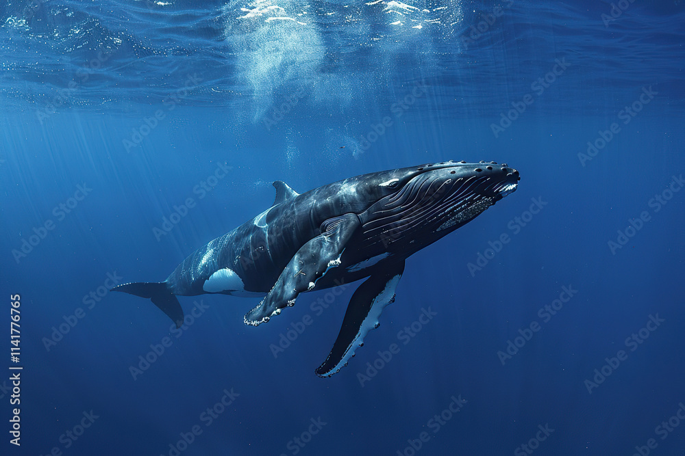 Fototapeta premium Fantastically beautiful majestic huge whale in deep ocean