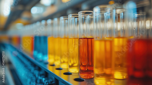 A laboratory with colorful chemicals, lab equipment, and students diligently working on experiments