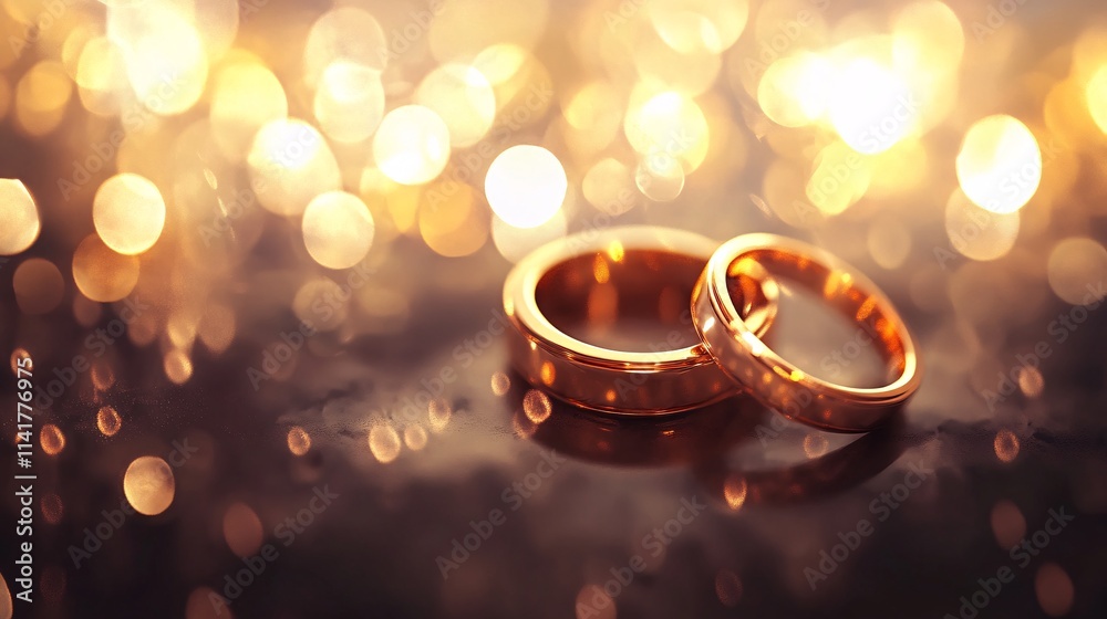 Two intertwined gold wedding rings against a shimmering golden bokeh background. Two intertwined gold wedding rings against a shimmering golden bokeh background.