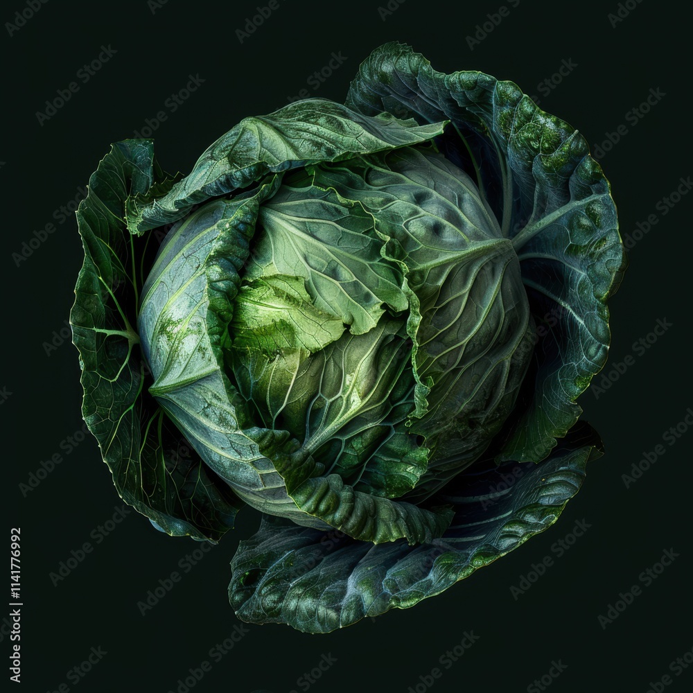 Obraz premium Close-up of a fresh, green cabbage with tightly packed leaves, illuminated against a dark background.