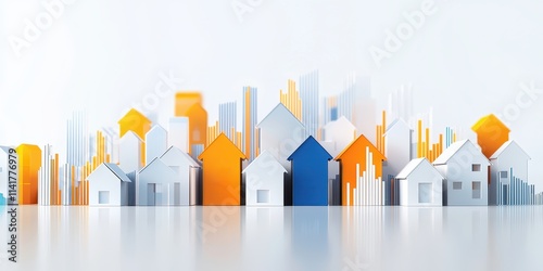 Colorful abstract cityscape with houses and skyscrapers on a minimalist background.