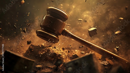 Gavel crashing down, shattering debris. photo