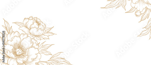 Luxury floral line art background with golden hand drawn flowers. Vector design with a bouquet of flowers, branches, leaves for card, business card, flyer, banner, wedding invitation, cover, wallpaper