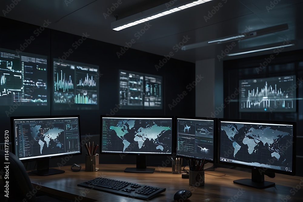 High-Tech Workspace With Multiple Monitors Displaying Code, Analytics, And Futuristic Visuals High-Tech Workspace With Multiple Monitors Displaying Code, Analytics, And Futuristic Visuals