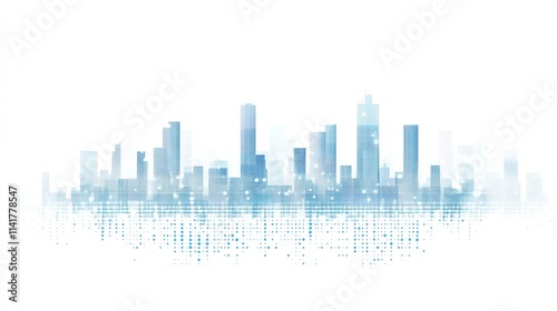 Modern digital city skyline composed of light blue dots on white background, flat design minimalistic vector illustration, simple shapes high resolution no shadows gradients or noise.