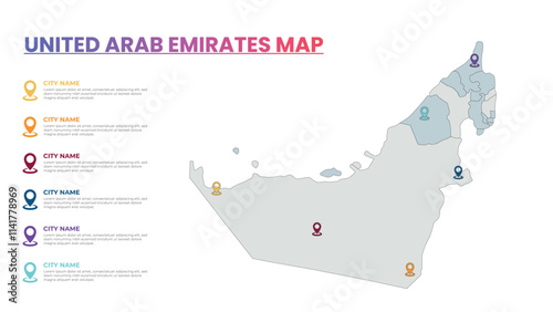 United Arab Emirates Modern Map Infographic Template, Detailed infographic map of United Arab Emirates Popular City