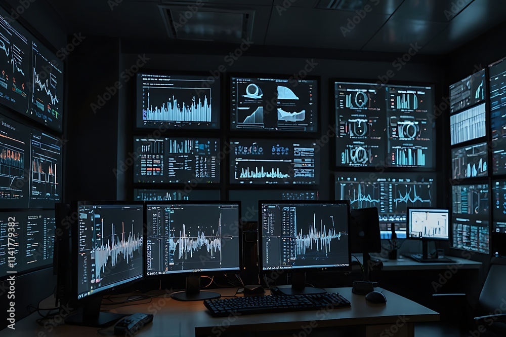High-Tech Workspace With Multiple Monitors Displaying Code, Analytics, And Futuristic Visuals High-Tech Workspace With Multiple Monitors Displaying Code, Analytics, And Futuristic Visuals