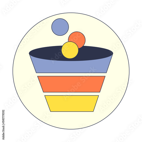 Illustration of a funnel with colored layers and spheres, symbolizing data processing and analysis.