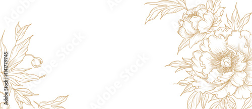 Luxury floral line art background with golden hand drawn flowers. Vector design with a bouquet of flowers, branches, leaves for card, business card, flyer, banner, wedding invitation, cover, wallpaper