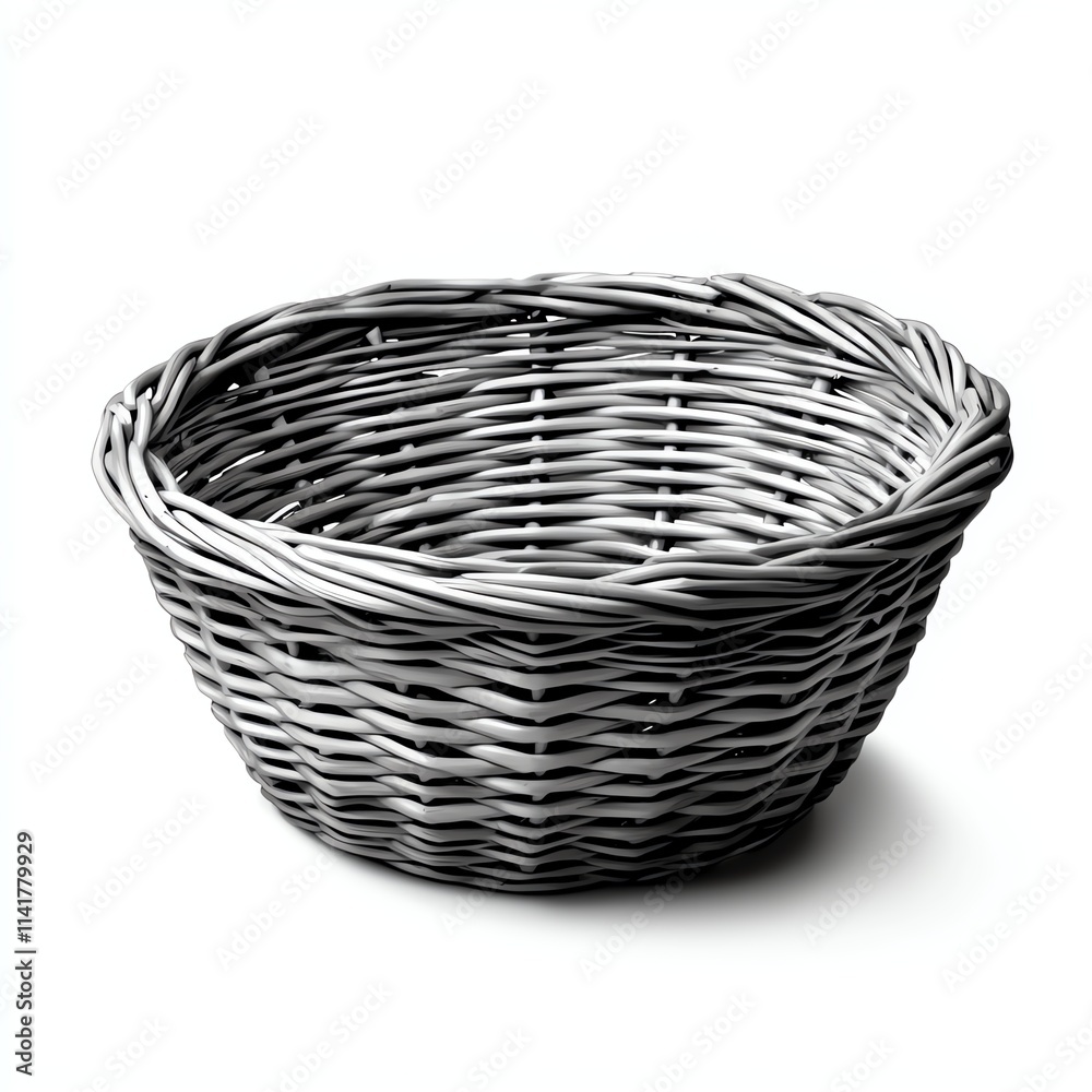 Obraz premium A simple, woven basket with a rounded shape, displayed in black and white, showcasing intricate craftsmanship.
