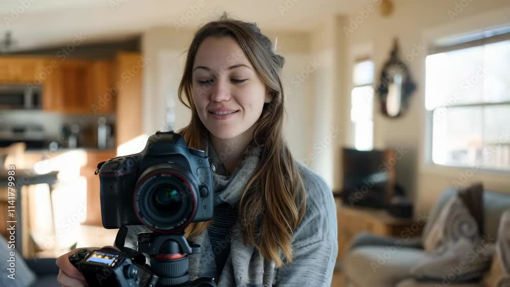 Young woman blogger or photographer with modern camera on tripod filming at home Young woman blogger or photographer with modern camera on tripod filming at home