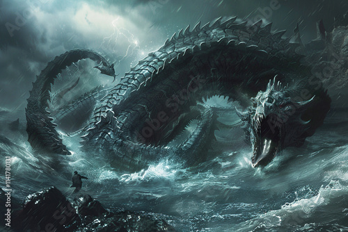 Terrifying scary sea monster in dark depths of deep ocean