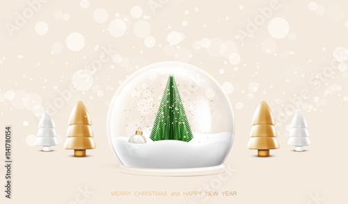 Merry Christmas background. Glass transparent ball on podium with ball, plastic tree and white snow inside. Holiday card dome glossy snowball and gold tree on bokeh backdrop. Vector x-mas design.