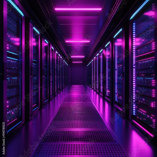 Underground hightech data center with glowing servers, digital infrastructure and cybersecurity