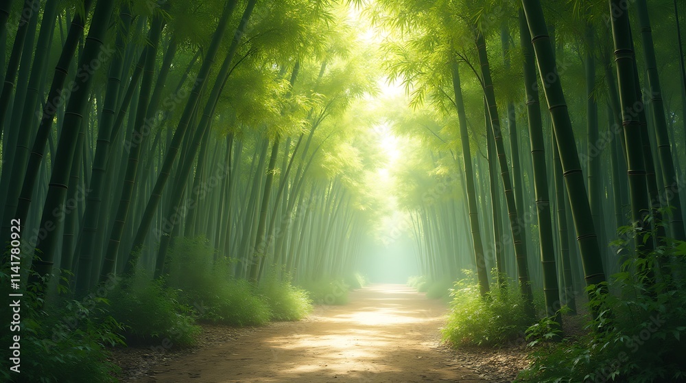 Obraz premium Serene Bamboo Forest Path in Sunrise Light, Generative AI