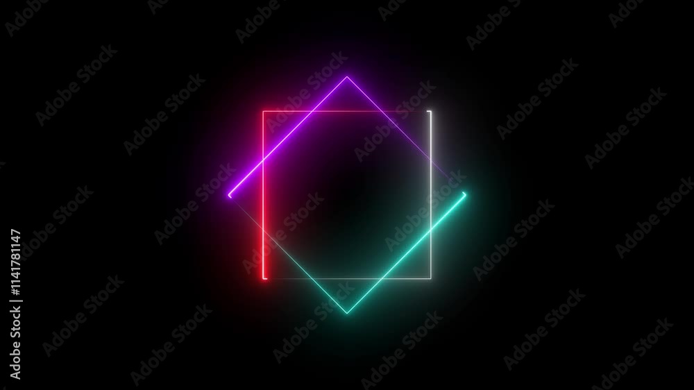 Glowing color neon square animation on dark background. Glowing color neon square animation on dark background.