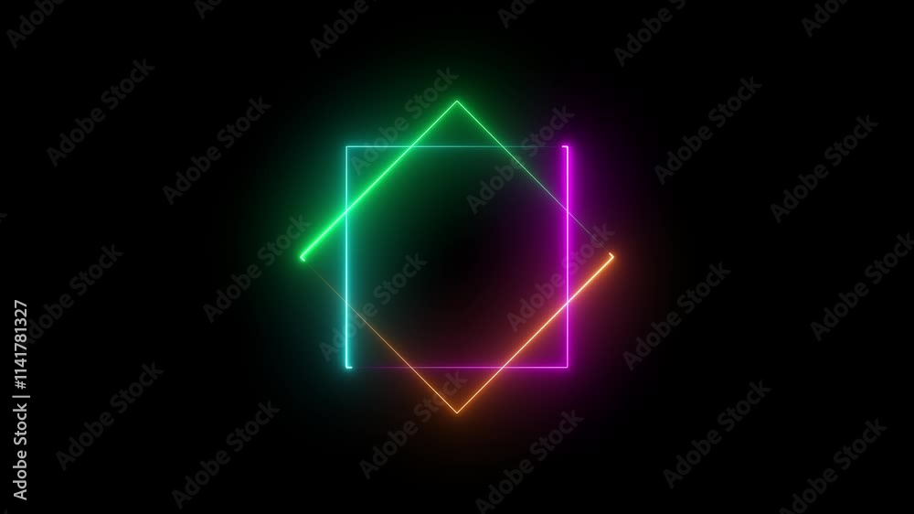 Glowing color neon square animation on black background. Glowing color neon square animation on black background.