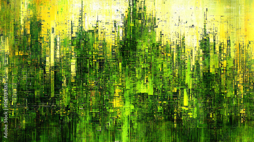 Abstract green and yellow city skyline painting. Abstract green and yellow city skyline painting.