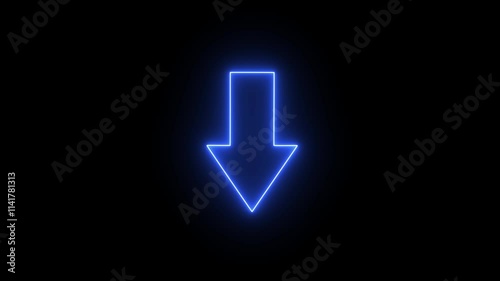 Neon Blue arrow symbol animation icon. Black Background with arrow direction down. Directional sign. Flashing neon icon to the download arrow. neon arrow sign.