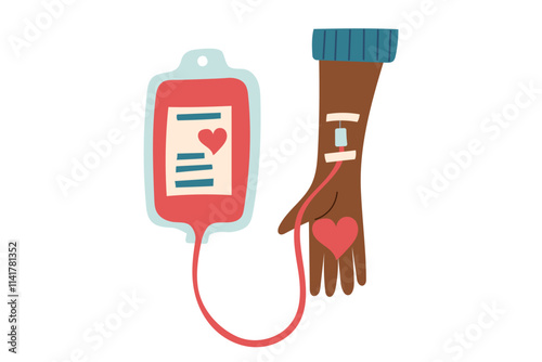 Blood donation concept. Human hand and blood bag isolated on white. Vector hand drawn clipart.