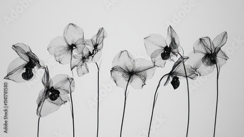 X-ray style grayscale image of several orchids against a light gray background.