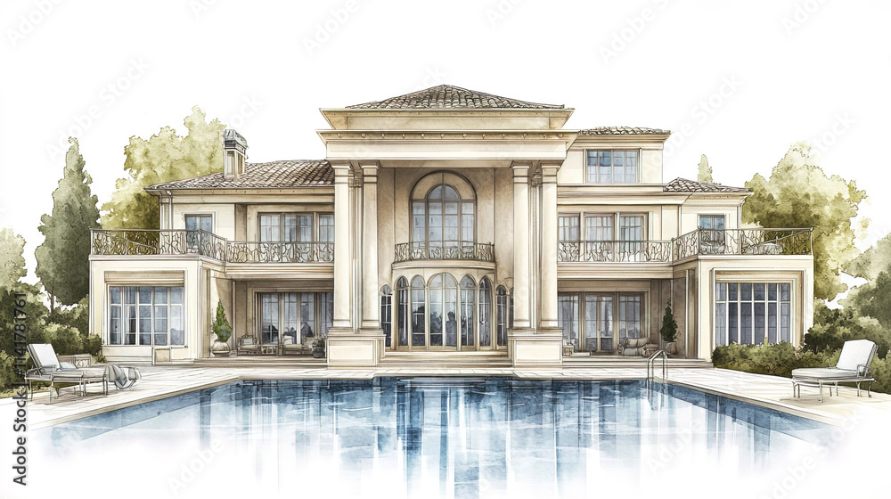 Fototapeta premium Luxurious mansion with grand pool and elegant architectural design