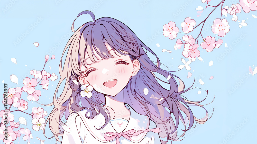 桜の花と女子生徒 桜の花と女子生徒