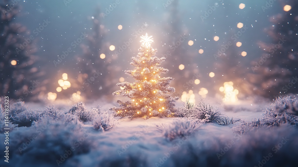 Naklejka premium Winter Holiday Scene With Snowflakes And Glowing Christmas Tree 