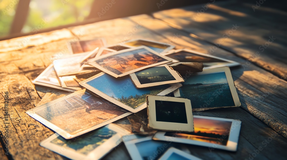 A collection of scattered photographs on a wooden surface, illuminated by soft sunlight, evoking memories of travel and moments captured. A collection of scattered photographs on a wooden surface, illuminated by soft sunlight, evoking memories of travel and moments captured.