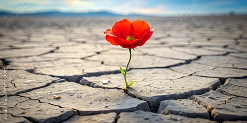 Resilience A vibrant red flower bravely blooming amidst cracked earth, symbolizing hope and perseverance in challenging conditions.