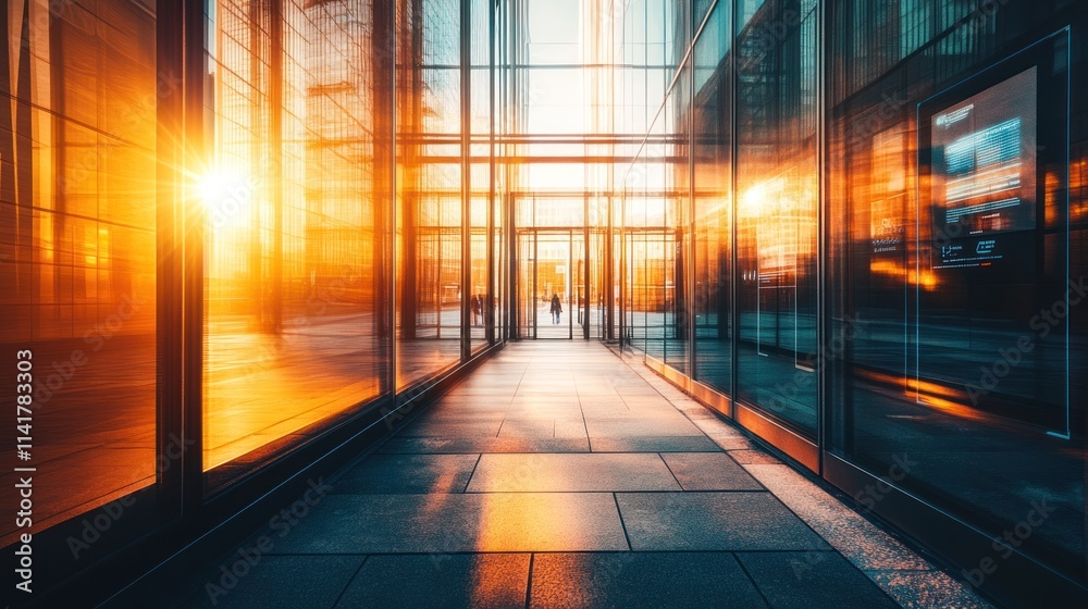 Sunlight streams through modern glass office corridor. Sunlight streams through modern glass office corridor.