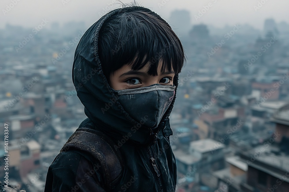 Masked Child in Polluted Urban Landscape with Gloomy Skies Masked Child in Polluted Urban Landscape with Gloomy Skies