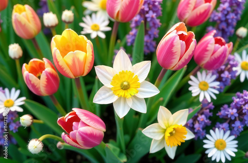 Bright spring flowers daffodils, tulips and daisies.