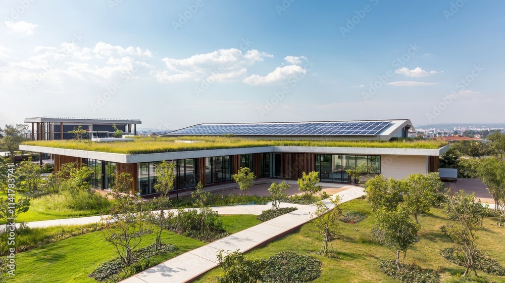 Innovative eco-friendly school design featuring solar panels and green roof in urban setting sustainable architecture concept Innovative eco-friendly school design featuring solar panels and green roof in urban setting sustainable architecture concept