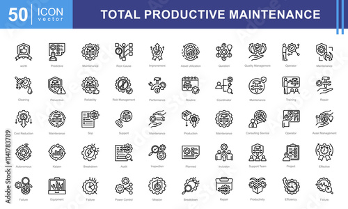 Total productive maintenance icon collection set. Containing equipment, break, reliability, time, inspection, efficiency, preventive icon.