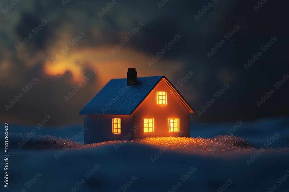 A small house on a winter landscape, illuminated by warm light from within, a dark sky with clouds, in a minimalistic paper-cut style