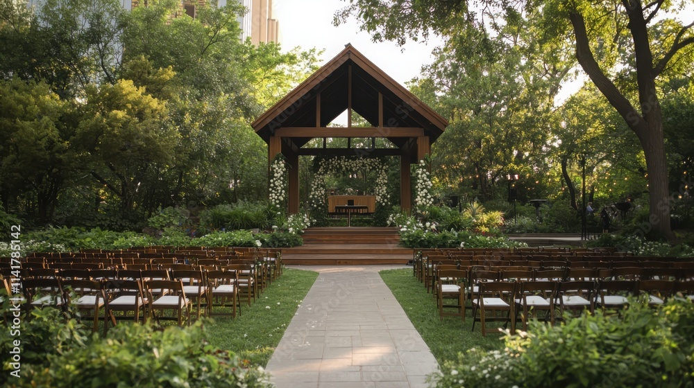 Elegant eco-friendly wedding ceremony urban garden outdoor event natural setting wide angle sustainable celebration Elegant eco-friendly wedding ceremony urban garden outdoor event natural setting wide angle sustainable celebration